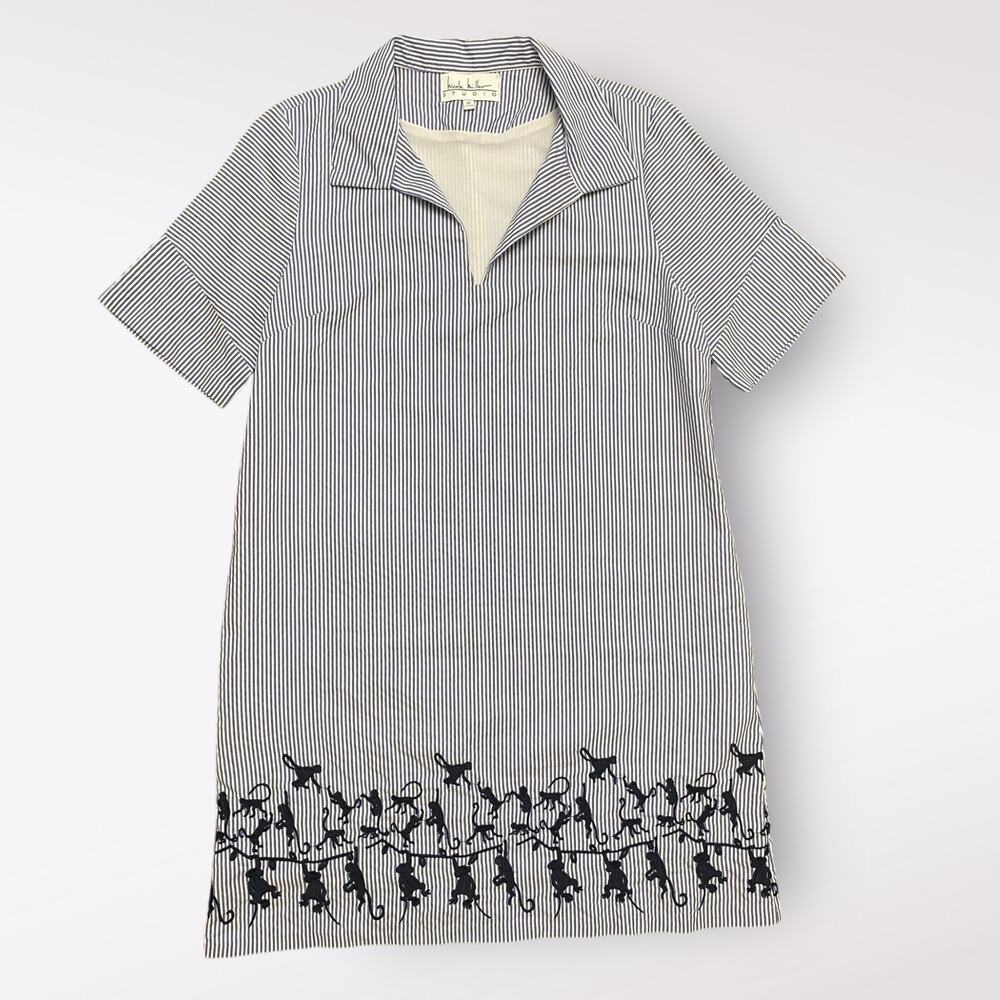 Nicole Miller Blue Pinstripe‎ Embroidered Monkeys Shift Mini Dress Size 10